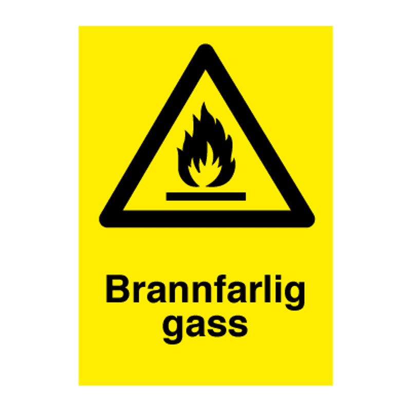 Brannfarlig gass - Fareskilt med symbol og tekst