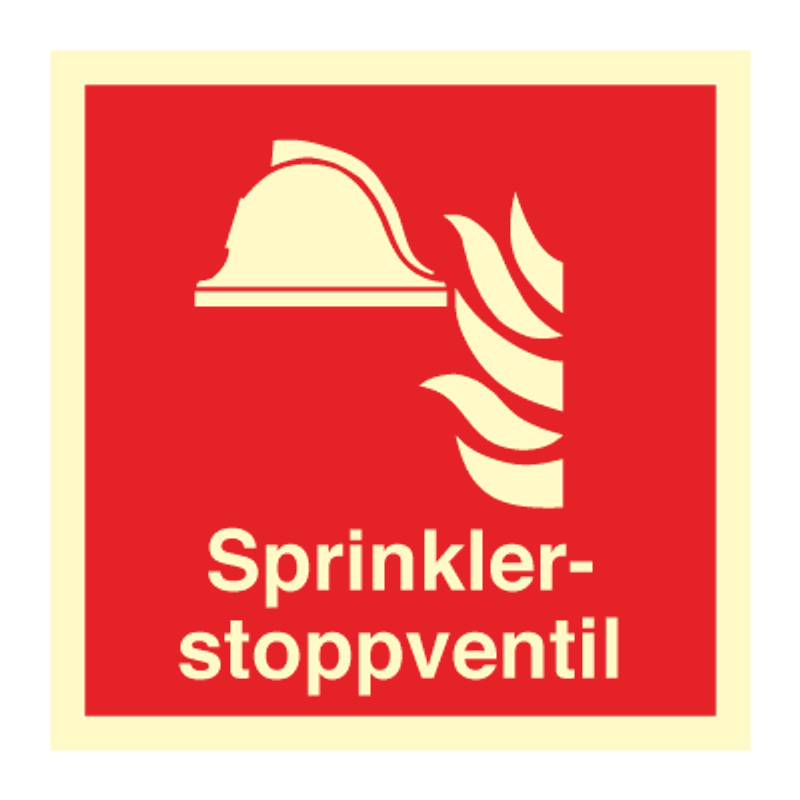 Sprinkler stoppventil - brannskilt med symbol og tekst