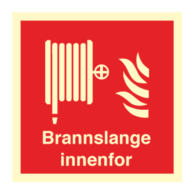Brannslange innenfor - brannskilt med symbol og tekst