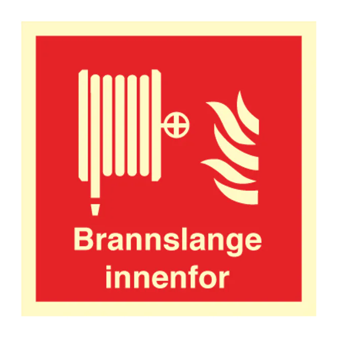 Hovedbilde Brannslange innenfor - brannskilt med symbol og tekst