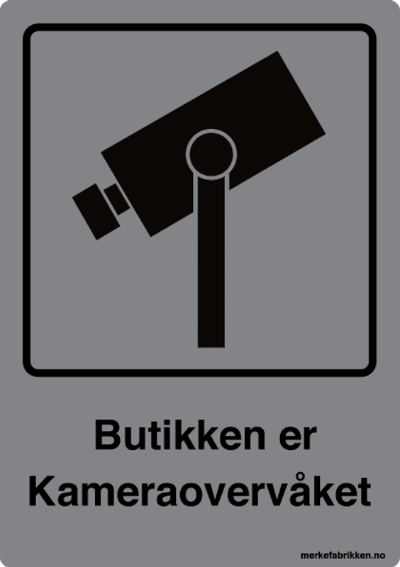 Butikken er kameraovervåket - kameraskilt med symbol og tekst
