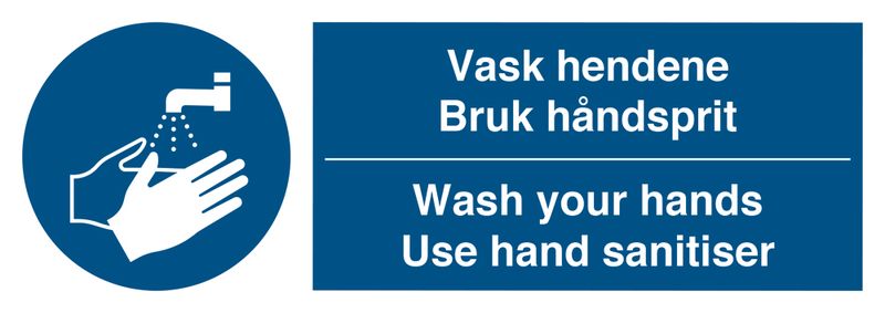 Smittevernskilt - Vask hendene. Bruk håndsprit 105x297mm