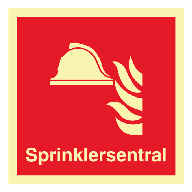 Hovedbilde Sprinklersentral - brannskilt med symbol og tekst