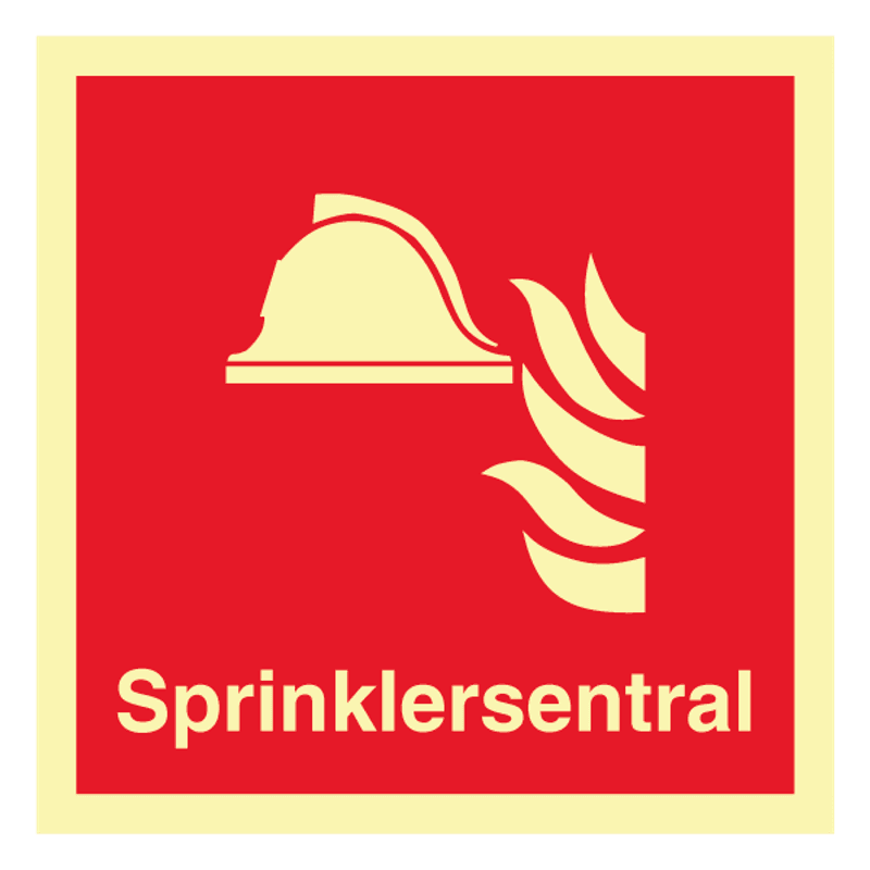 Sprinklersentral - brannskilt med symbol og tekst