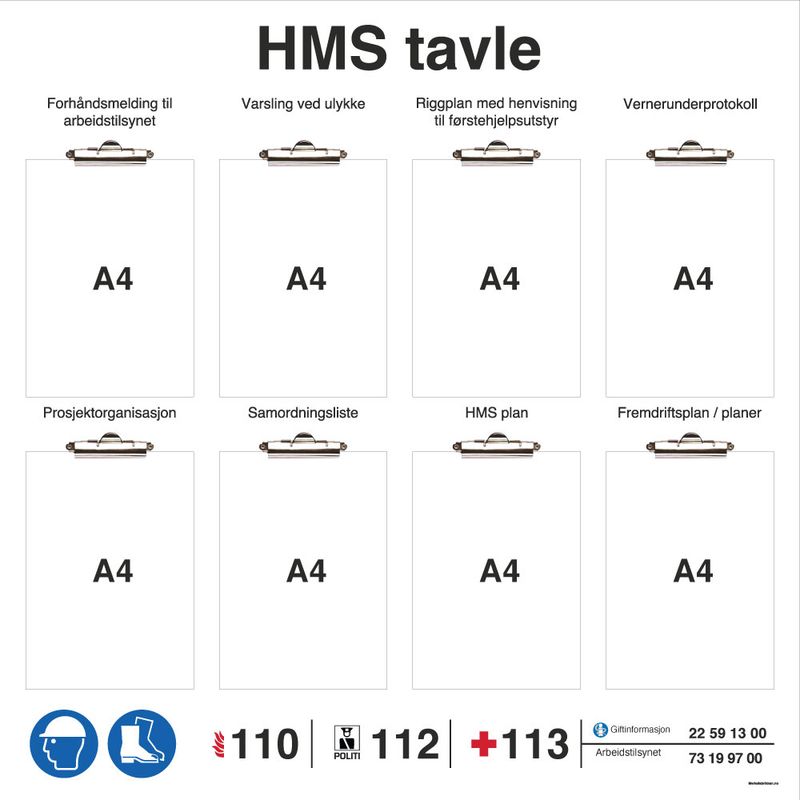 HMS tavle i PVC med klyper 1000 x 1000 mm