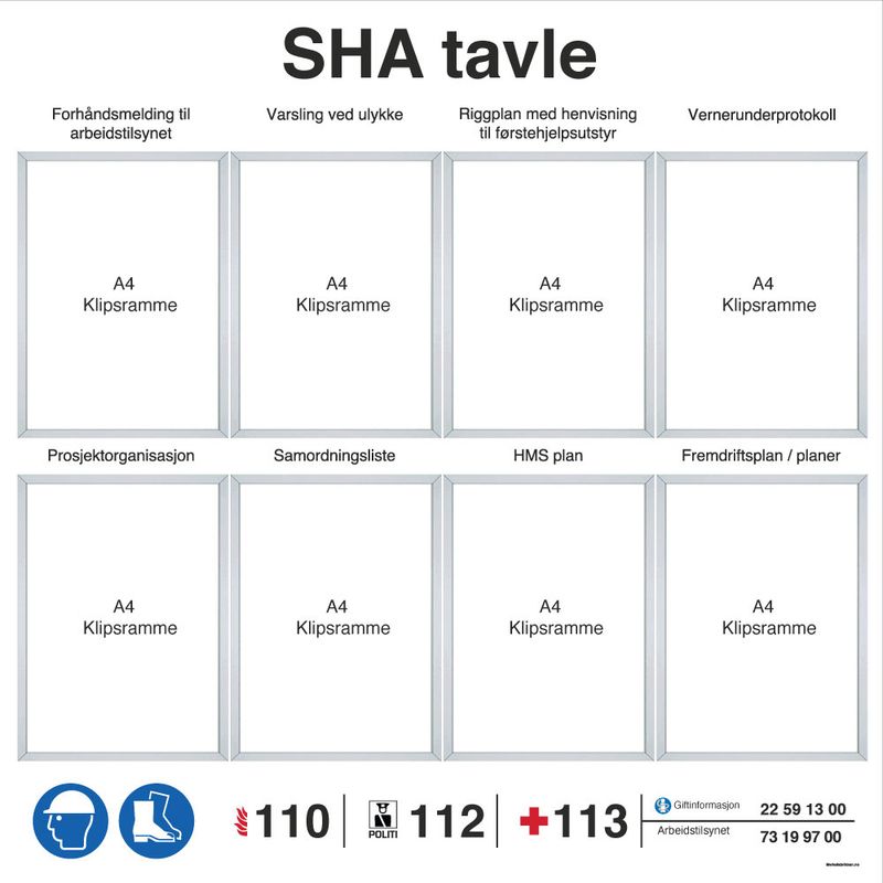 SHA tavle i aluminium med 8 rammer for entreprenører