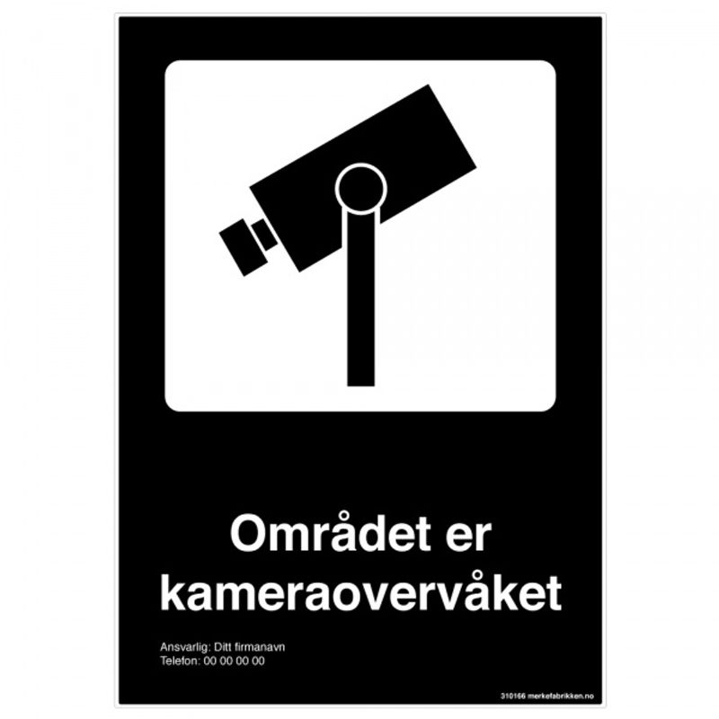 Kameraovervåket område sort skilt med symbol og tekst