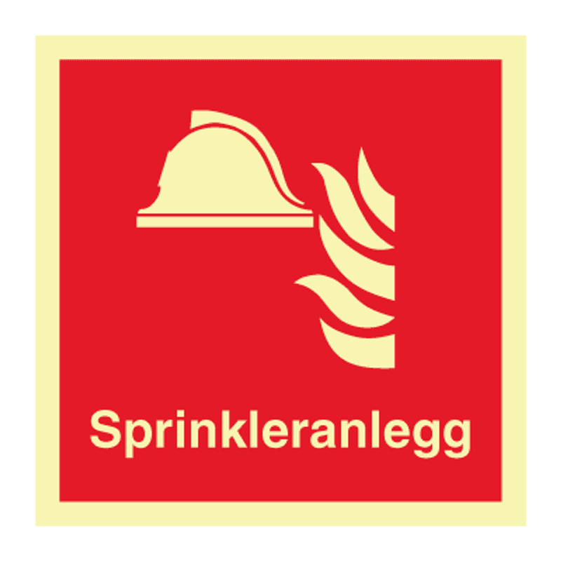 Sprinkleranlegg - brannskilt med symbol og tekst