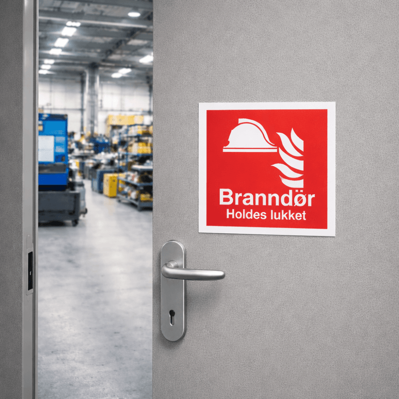 Branndør holdes lukket - brannskilt med symbol og tekst