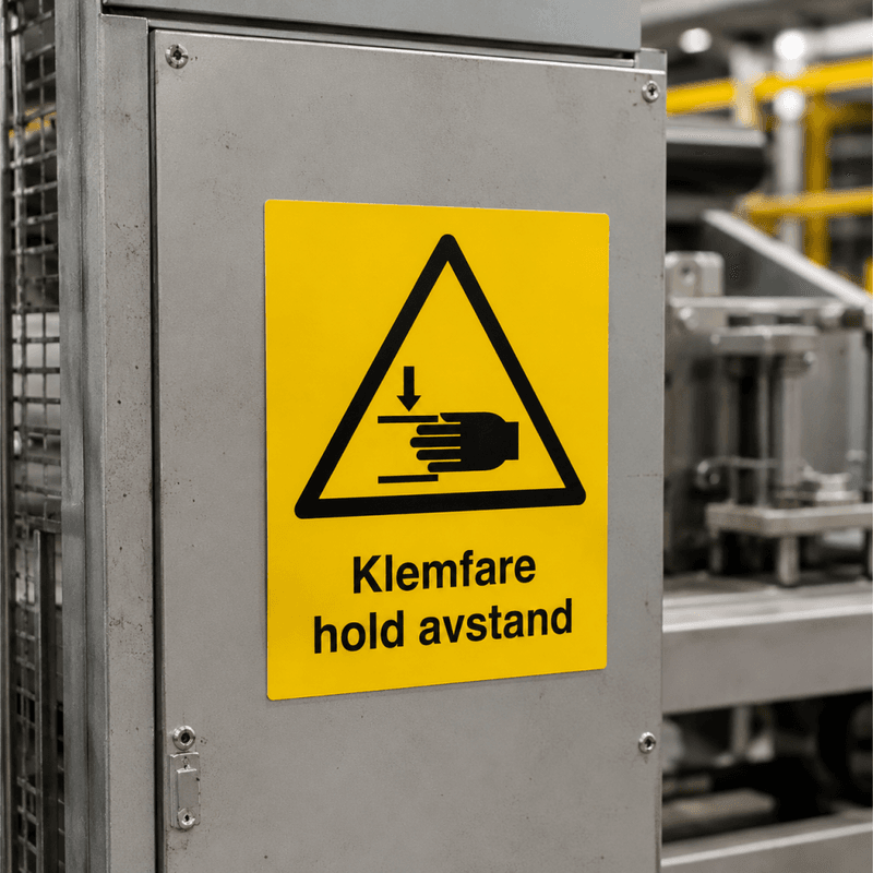 Fareskilt - Klemfare hold avstand med symbol og tekst