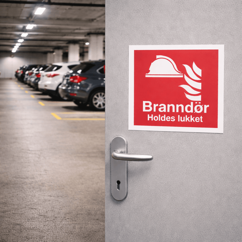 Branndør holdes lukket - brannskilt med symbol og tekst