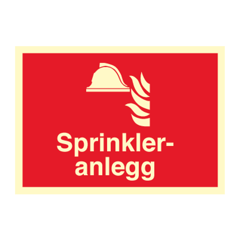 Sprinkleranlegg - brannskilt med symbol og tekst