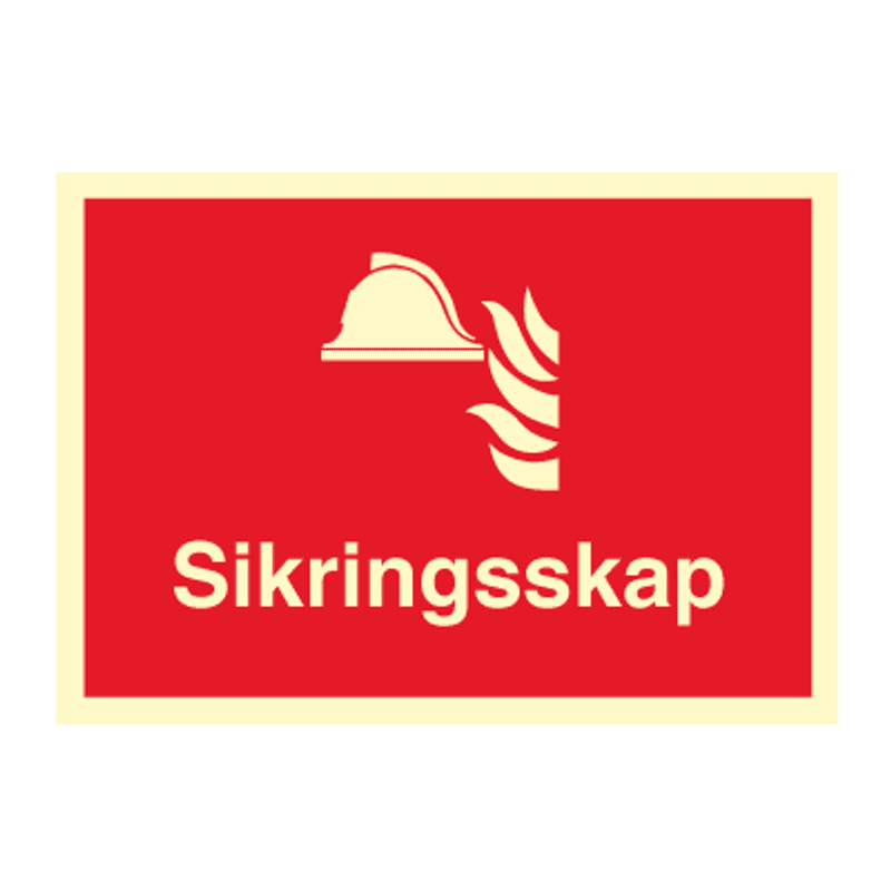 Sikringsskap - brannskilt med symbol og tekst