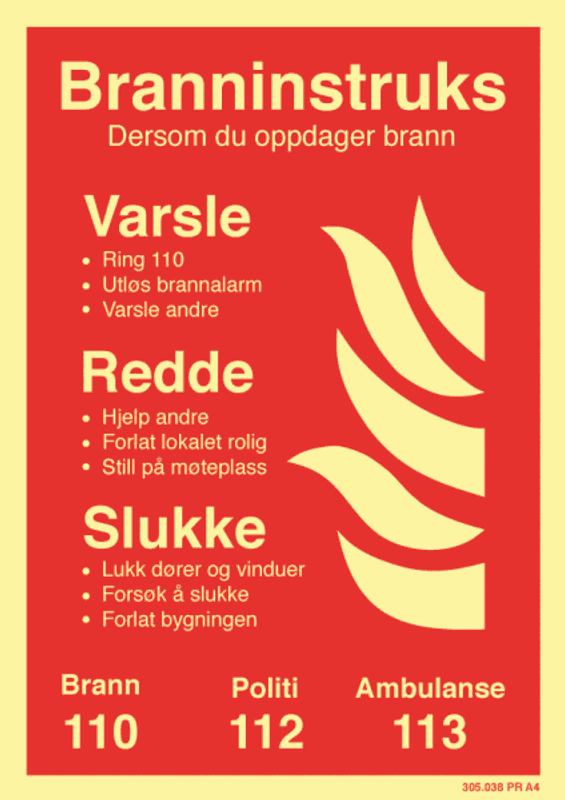 Branninstruks ved brann - Skilt i A4 format
